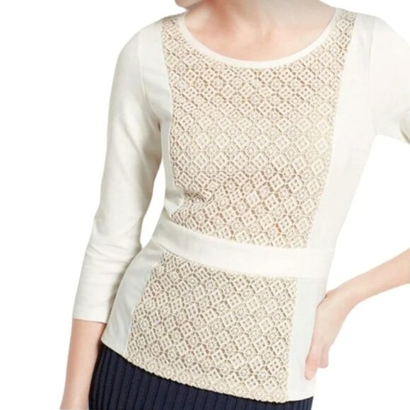 Ann Taylor Women's Ivory Tan Ponte Lace Inset 3/4 Sleeve Career Blouse Small - Picture 8 of 8